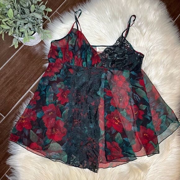 Victoria’s Secret gold label red floral babydoll sz medium - Picture 3 of 4